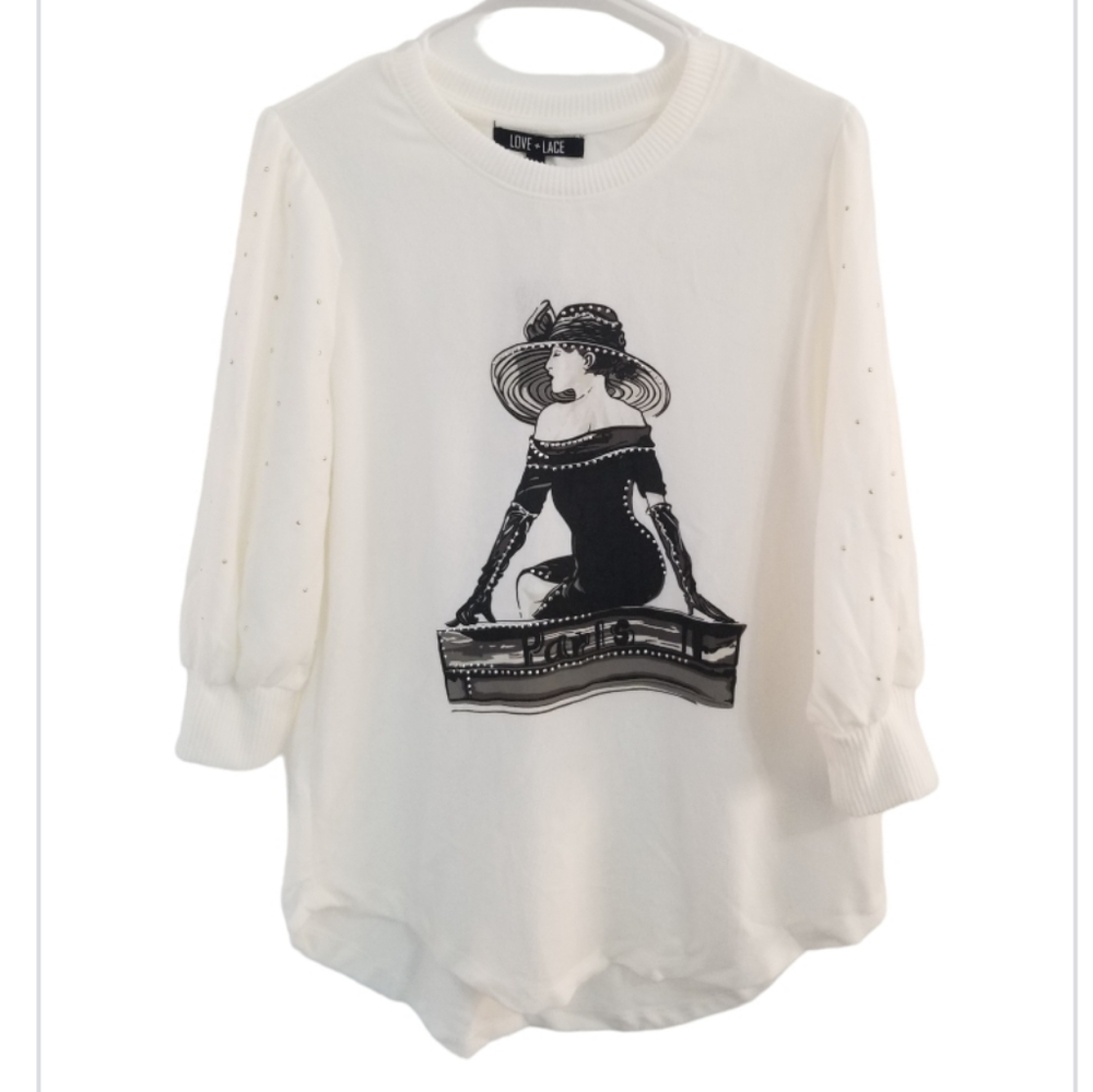 NWT Love + Lace Paris Themed Graphic 3/4 Sleeve Sweater Women's Size LG